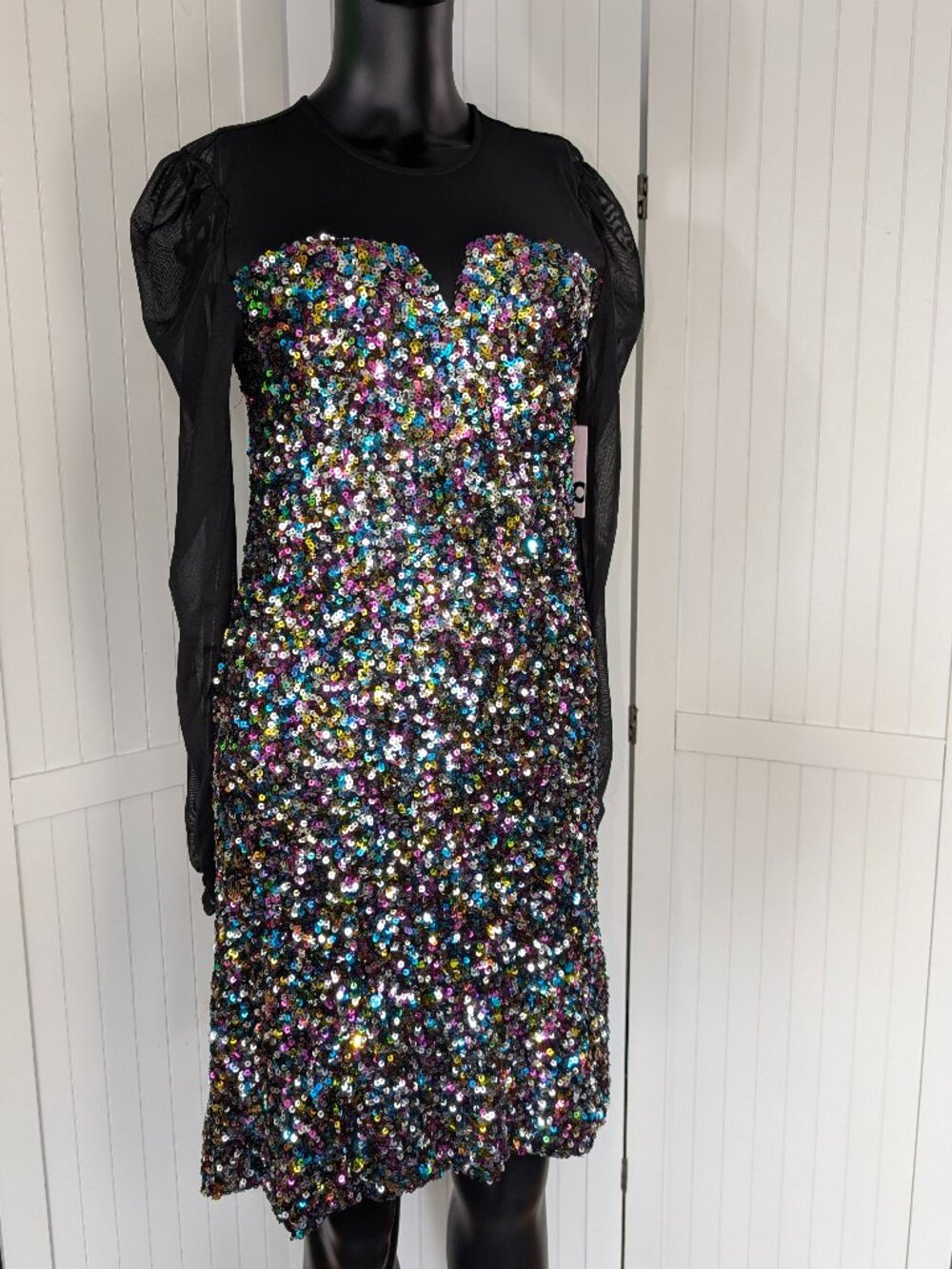 SO Sequin Illusion Sleeve Dress XL Rainbow Black Mesh Puff Sleeve NWT